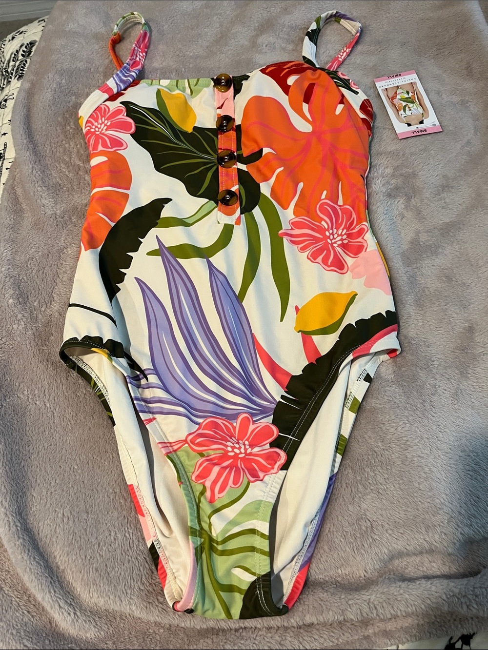 Small/Tropical Floral One-Piece Swimsuit with Front Buttons - White/Multi
